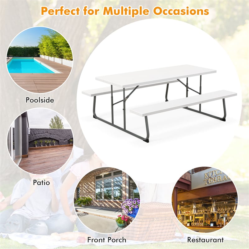 6FT Folding Picnic Table Bench Set 8 Person Large Outdoor Picnic Table with Umbrella Hole, All-Weather HDPE Tabletop & 2 Built-in Benches