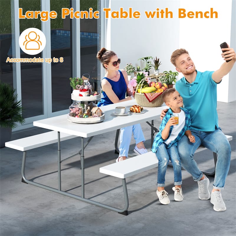 6FT Folding Picnic Table Bench Set 8 Person Large Outdoor Picnic Table with Umbrella Hole, All-Weather HDPE Tabletop & 2 Built-in Benches