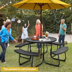 8 Person Picnic Table Bench Set Outdoor HDPE Round Table Metal Frame with 4 Built-in Benches & Umbrella Hole