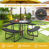 8 Person Picnic Table Bench Set Outdoor HDPE Round Table Metal Frame with 4 Built-in Benches & Umbrella Hole