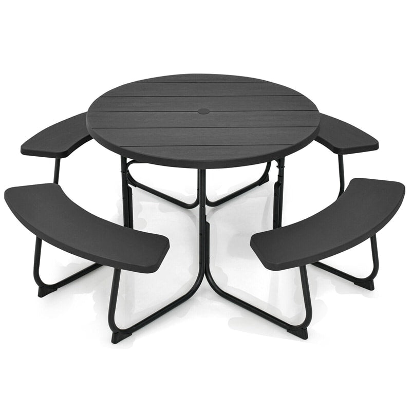 8 Person Picnic Table Bench Set Outdoor HDPE Round Table Metal Frame with 4 Built-in Benches & Umbrella Hole