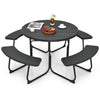 8 Person Picnic Table Bench Set Outdoor HDPE Round Table Metal Frame with 4 Built-in Benches & Umbrella Hole