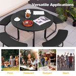 8 Person Picnic Table Bench Set Outdoor HDPE Round Table Metal Frame with 4 Built-in Benches & Umbrella Hole