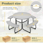 8 Person Picnic Table Bench Set Outdoor HDPE Round Table Metal Frame with 4 Built-in Benches & Umbrella Hole