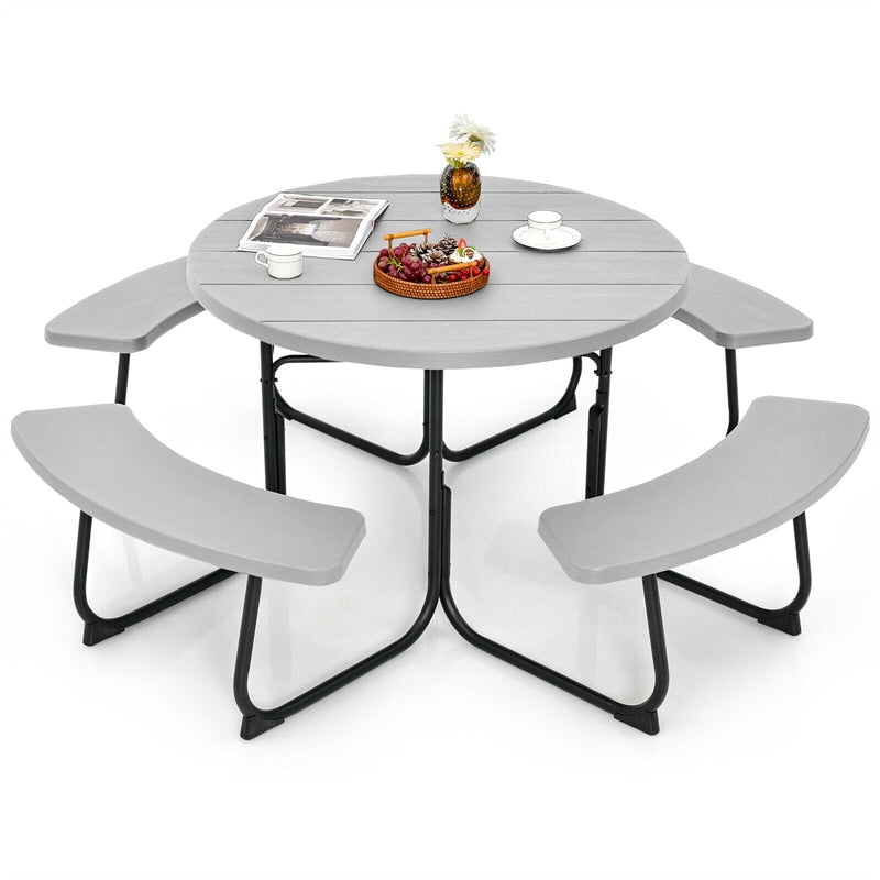 8 Person Picnic Table Bench Set Outdoor HDPE Round Table Metal Frame with 4 Built-in Benches & Umbrella Hole