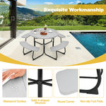 8 Person Picnic Table Bench Set Outdoor HDPE Round Table Metal Frame with 4 Built-in Benches & Umbrella Hole