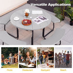 8 Person Picnic Table Bench Set Outdoor HDPE Round Table Metal Frame with 4 Built-in Benches & Umbrella Hole