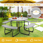 8 Person Picnic Table Bench Set Outdoor HDPE Round Table Metal Frame with 4 Built-in Benches & Umbrella Hole