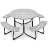 8 Person Picnic Table Bench Set Outdoor HDPE Round Table Metal Frame with 4 Built-in Benches & Umbrella Hole