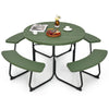 8 Person Picnic Table Bench Set Outdoor HDPE Round Table Metal Frame with 4 Built-in Benches & Umbrella Hole