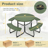 8 Person Picnic Table Bench Set Outdoor HDPE Round Table Metal Frame with 4 Built-in Benches & Umbrella Hole