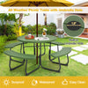 8 Person Picnic Table Bench Set Outdoor HDPE Round Table Metal Frame with 4 Built-in Benches & Umbrella Hole