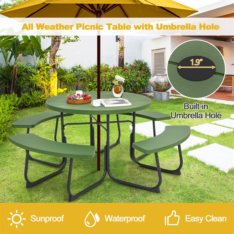 8 Person Picnic Table Bench Set Outdoor HDPE Round Table Metal Frame with 4 Built-in Benches & Umbrella Hole