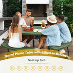 8 Person Picnic Table Bench Set Outdoor HDPE Round Table Metal Frame with 4 Built-in Benches & Umbrella Hole