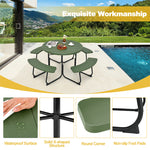 8 Person Picnic Table Bench Set Outdoor HDPE Round Table Metal Frame with 4 Built-in Benches & Umbrella Hole