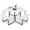 8 Person Picnic Table Bench Set Outdoor HDPE Round Table Metal Frame with 4 Built-in Benches & Umbrella Hole