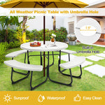 8 Person Picnic Table Bench Set Outdoor HDPE Round Table Metal Frame with 4 Built-in Benches & Umbrella Hole