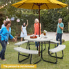 8 Person Picnic Table Bench Set Outdoor HDPE Round Table Metal Frame with 4 Built-in Benches & Umbrella Hole