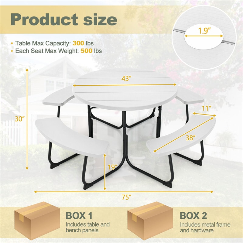 8 Person Picnic Table Bench Set Outdoor HDPE Round Table Metal Frame with 4 Built-in Benches & Umbrella Hole