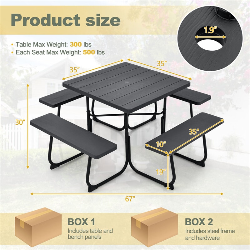 8 Person Picnic Table Bench Set Metal Frame Outdoor HDPE Square Picnic Table with 4 Built-in Benches & Umbrella Hole for Garden Backyard