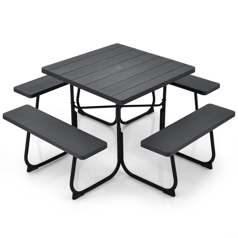 8 Person Picnic Table Bench Set Metal Frame Outdoor HDPE Square Picnic Table with 4 Built-in Benches & Umbrella Hole for Garden Backyard