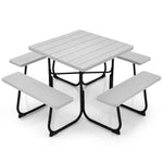 8 Person Picnic Table Bench Set Metal Frame Outdoor HDPE Square Picnic Table with 4 Built-in Benches & Umbrella Hole for Garden Backyard