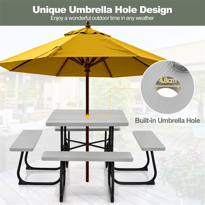 8 Person Picnic Table Bench Set Metal Frame Outdoor HDPE Square Picnic Table with 4 Built-in Benches & Umbrella Hole for Garden Backyard