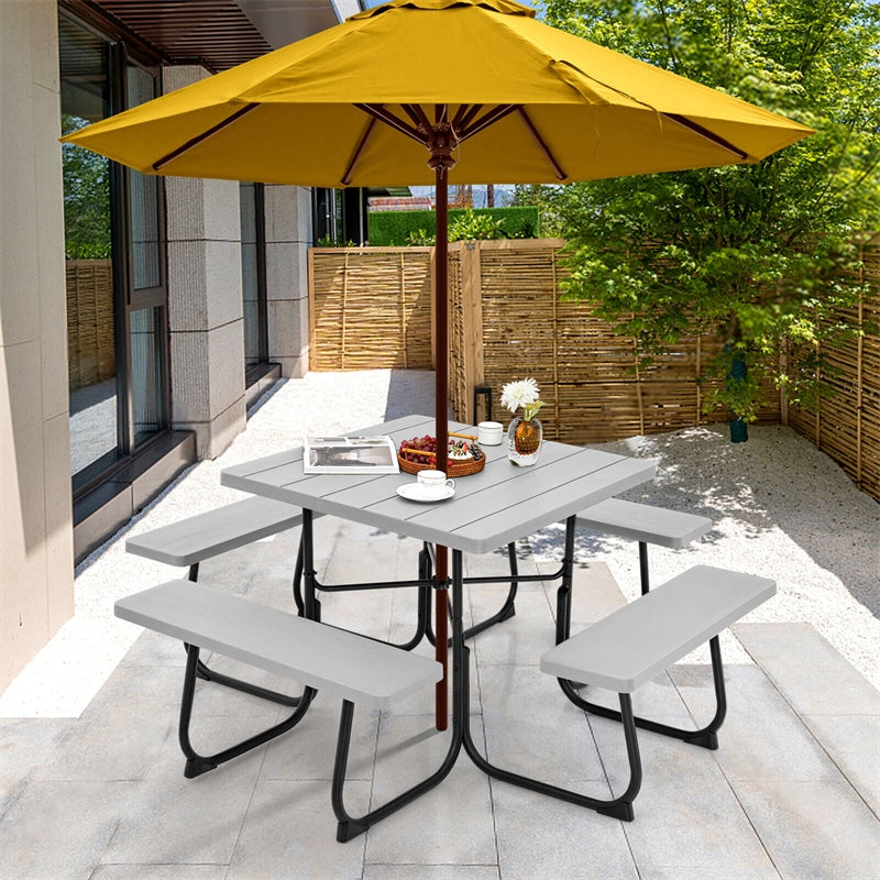 8 Person Picnic Table Bench Set Metal Frame Outdoor HDPE Square Picnic Table with 4 Built-in Benches & Umbrella Hole for Garden Backyard