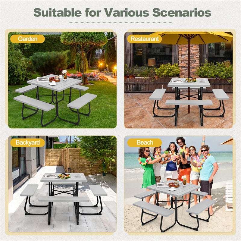 8 Person Picnic Table Bench Set Metal Frame Outdoor HDPE Square Picnic Table with 4 Built-in Benches & Umbrella Hole for Garden Backyard