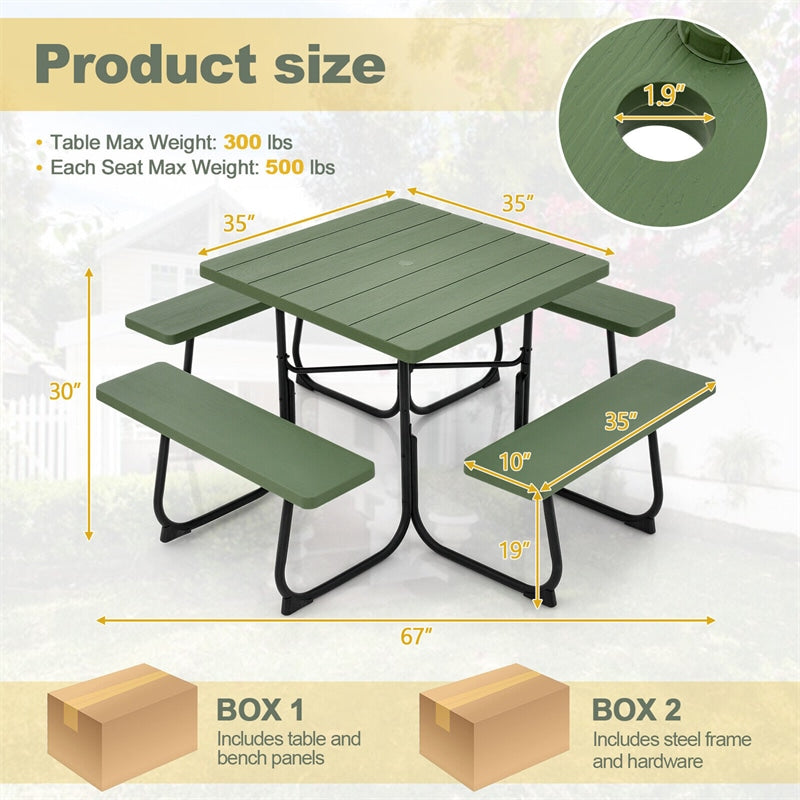 8 Person Picnic Table Bench Set Metal Frame Outdoor HDPE Square Picnic Table with 4 Built-in Benches & Umbrella Hole for Garden Backyard