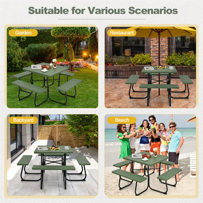 8 Person Picnic Table Bench Set Metal Frame Outdoor HDPE Square Picnic Table with 4 Built-in Benches & Umbrella Hole for Garden Backyard