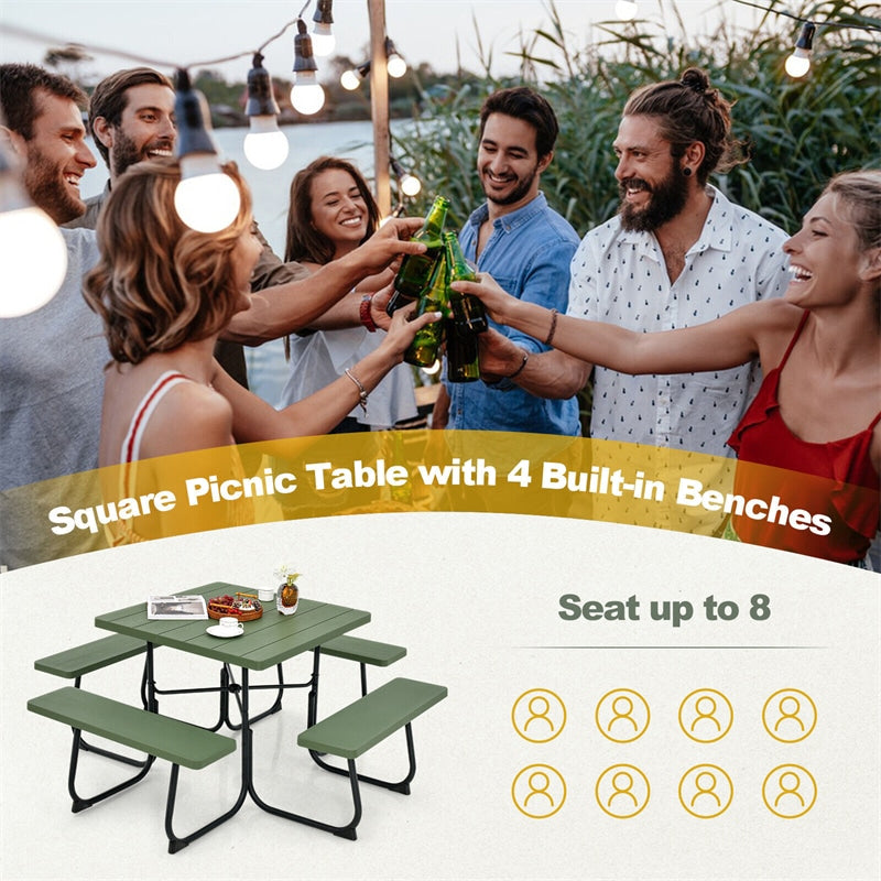 8 Person Picnic Table Bench Set Metal Frame Outdoor HDPE Square Picnic Table with 4 Built-in Benches & Umbrella Hole for Garden Backyard