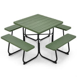 8 Person Picnic Table Bench Set Metal Frame Outdoor HDPE Square Picnic Table with 4 Built-in Benches & Umbrella Hole for Garden Backyard