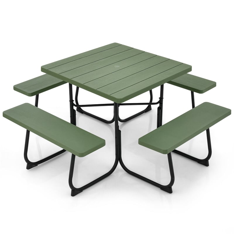 8 Person Picnic Table Bench Set Metal Frame Outdoor HDPE Square Picnic Table with 4 Built-in Benches & Umbrella Hole for Garden Backyard