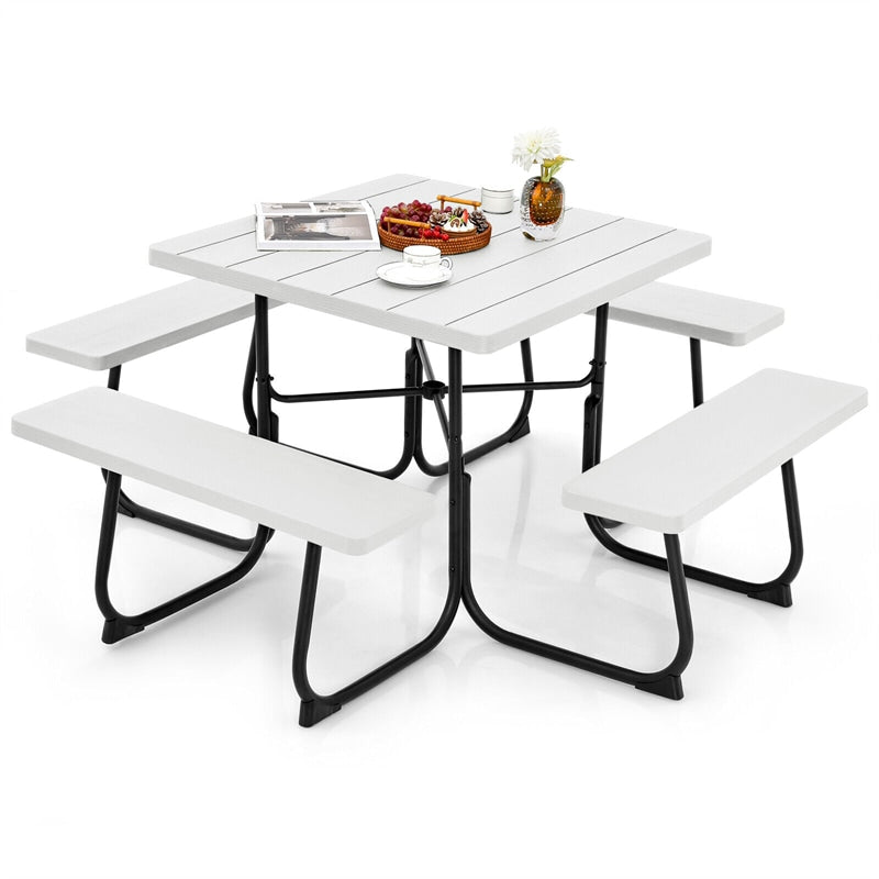 8 Person Picnic Table Bench Set Metal Frame Outdoor HDPE Square Picnic Table with 4 Built-in Benches & Umbrella Hole for Garden Backyard