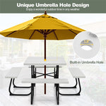 8 Person Picnic Table Bench Set Metal Frame Outdoor HDPE Square Picnic Table with 4 Built-in Benches & Umbrella Hole for Garden Backyard