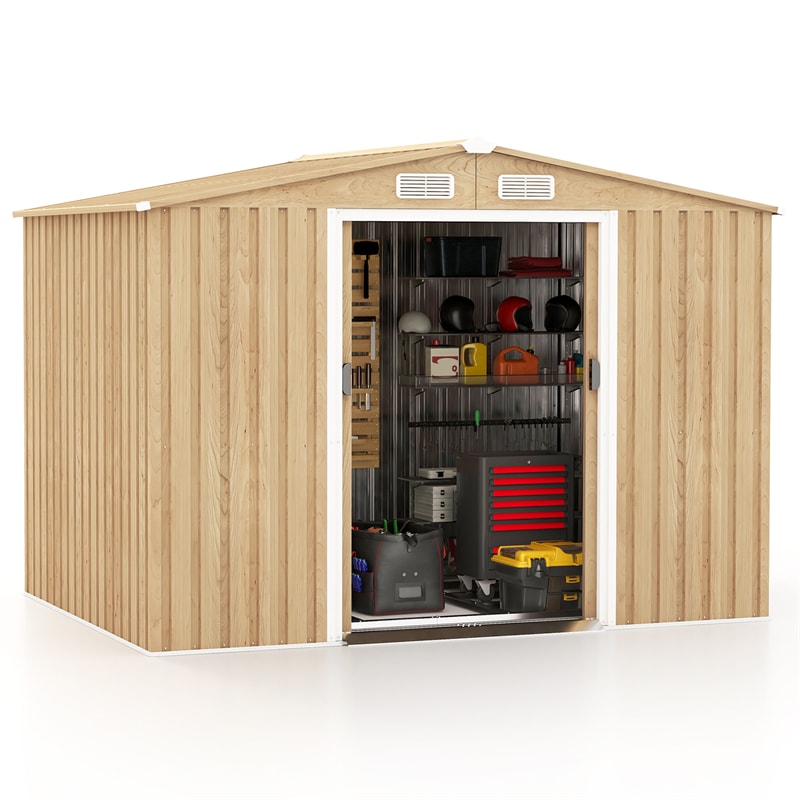 8' x 6' Woodgrain Outdoor Storage Shed Galvanized Steel Garden Tool Shed with Base Floor & Lockable Double Sliding Door