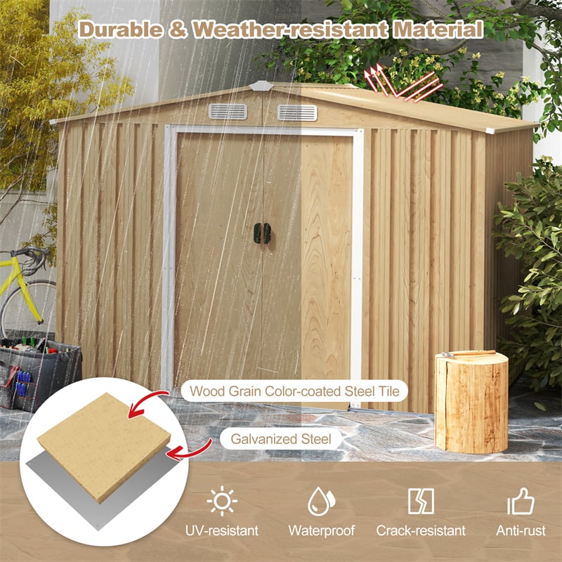 8' x 6' Woodgrain Outdoor Storage Shed Galvanized Steel Garden Tool Shed with Base Floor & Lockable Double Sliding Door