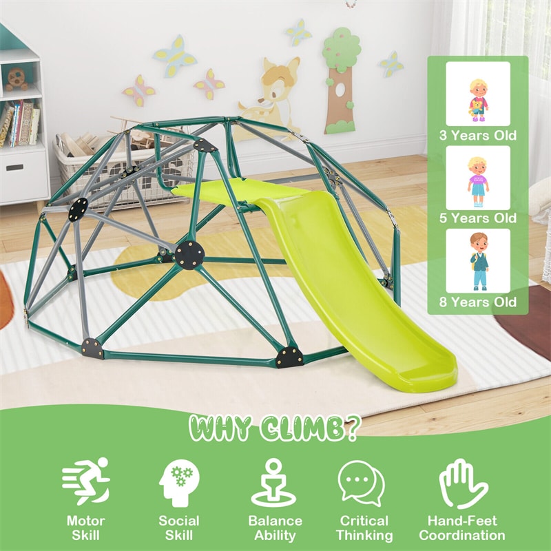 8FT Climbing Dome with Slide, 2-in-1 Geometric Dome Climber Indoor Outdoor Jungle Gym Monkey Bar Climbing Toys for Kids & Toddlers