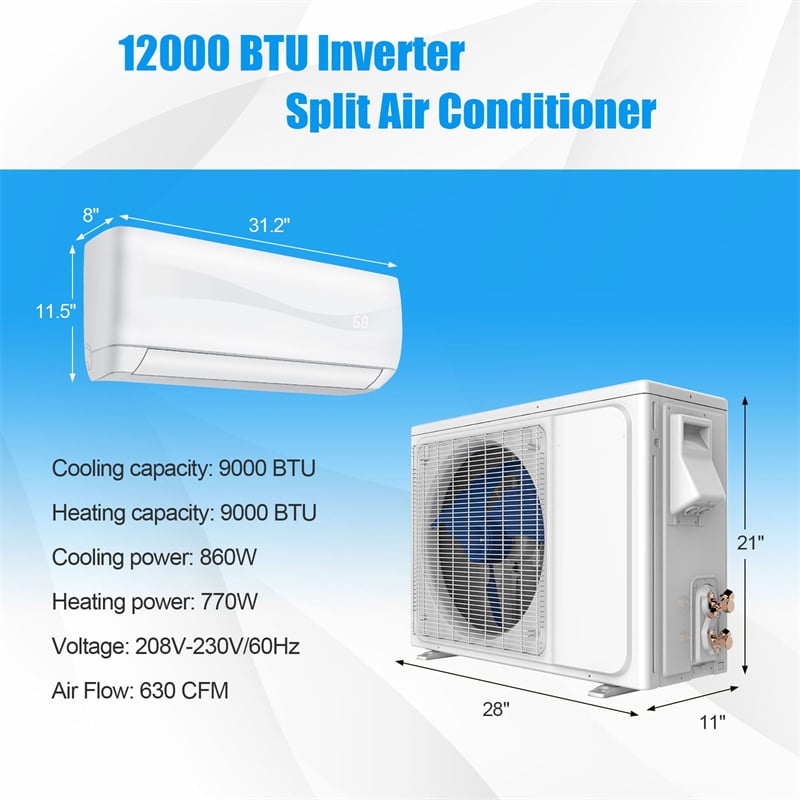 9000 BTU Mini Split Air Conditioner & Heater 17 SEER2 208-230V Wall-Mount Ductless AC Inverter System with Heat Pump, Remote Control for 450 Sq.Ft