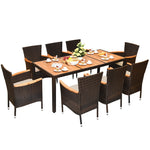 9 Piece Outdoor Rattan Patio Dining Set Acacia Wood Table Top Garden Dining Set with 8 Stackable Wicker Patio Chairs & Cushions