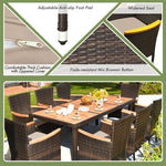 9 Piece Outdoor Rattan Patio Dining Set Acacia Wood Table Top Garden Dining Set with 8 Stackable Wicker Patio Chairs & Cushions