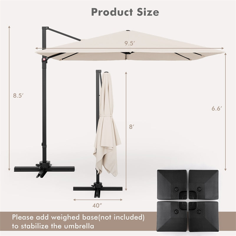 9.5FT Square 2-Tier Cantilever Umbrella Heavy Duty Offset Hanging Patio Umbrella with 360° Rotation & Cross Base