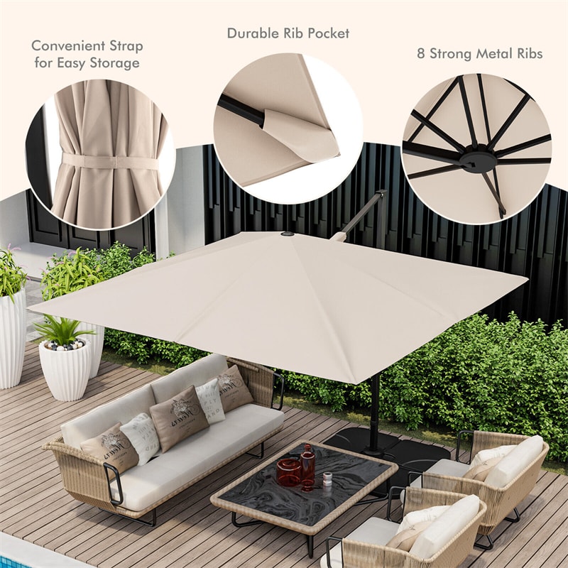 9.5FT Square 2-Tier Cantilever Umbrella Heavy Duty Offset Hanging Patio Umbrella with 360° Rotation & Cross Base