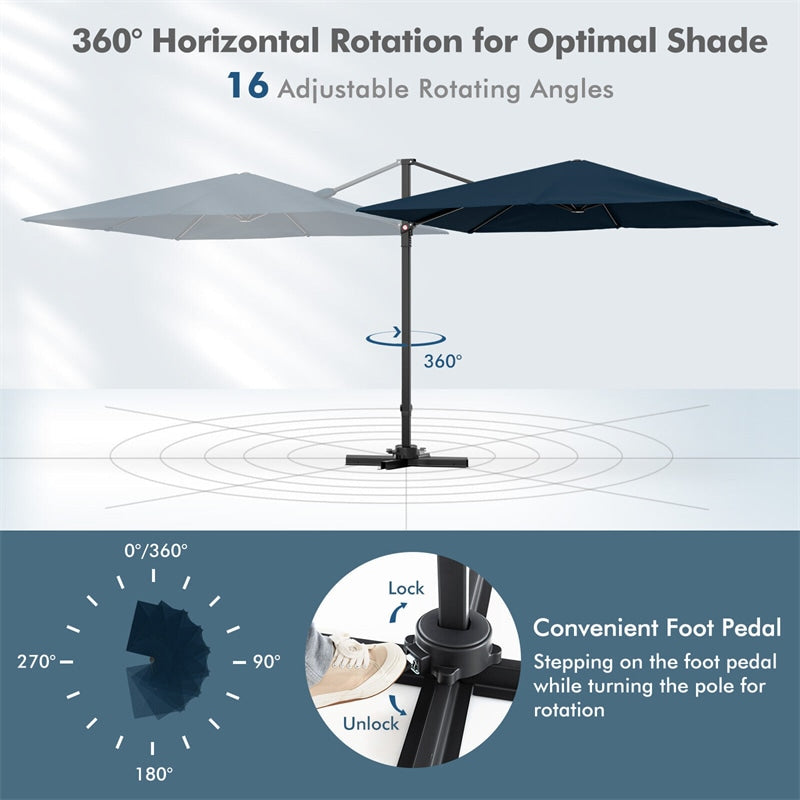 9.5FT Square 2-Tier Cantilever Umbrella Heavy Duty Offset Hanging Patio Umbrella with 360° Rotation & Cross Base