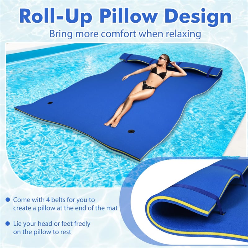 9' x 6' Floating Water Pad 3 Layer Tear-Resistant XPE Floating Foam Mat with Rolling Pillow for Lake Pool Beach Water Recreation