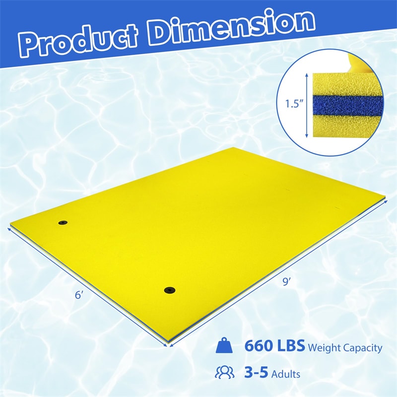 9' x 6' Floating Water Pad 3 Layer Tear-Resistant XPE Floating Foam Mat with Rolling Pillow for Lake Pool Beach Water Recreation