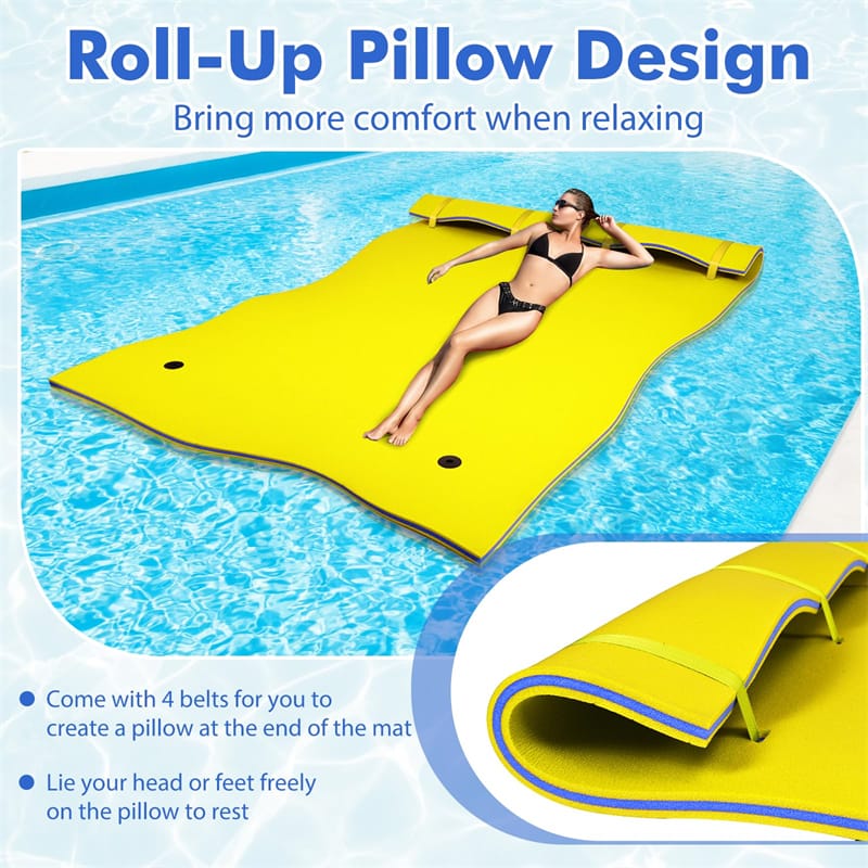 9' x 6' Floating Water Pad 3 Layer Tear-Resistant XPE Floating Foam Mat with Rolling Pillow for Lake Pool Beach Water Recreation