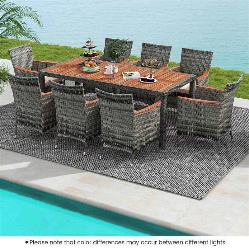 9PCS Patio Rattan Dining Set with Acacia Wood Table & 8 Cushioned Armchairs, Outdoor Garden Wood Wicker Dining Furniture Set w/ Umbrella Hole