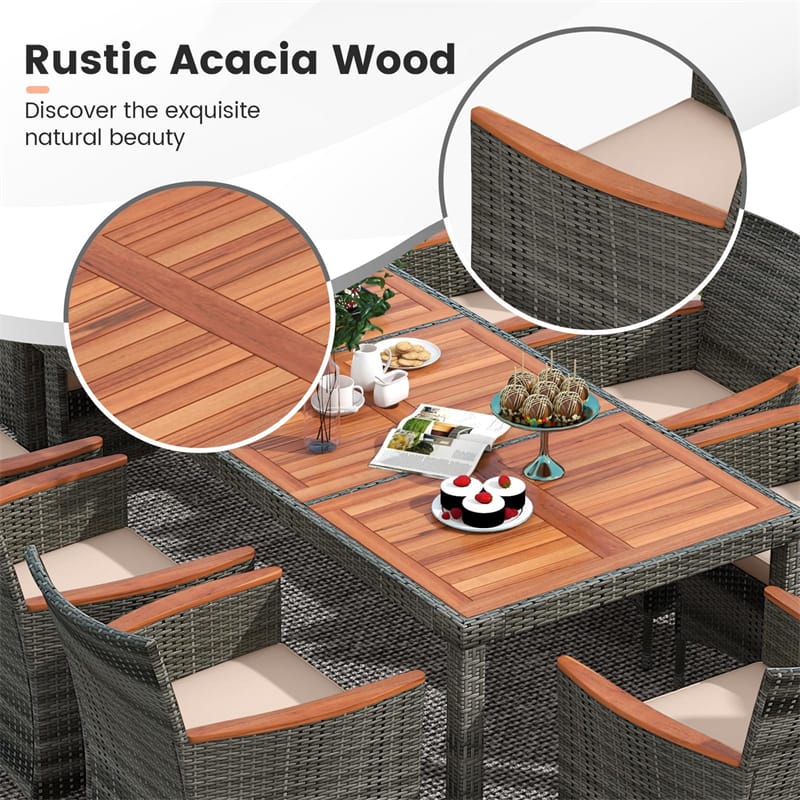 9PCS Patio Rattan Dining Set with Acacia Wood Table & 8 Cushioned Armchairs, Outdoor Garden Wood Wicker Dining Furniture Set w/ Umbrella Hole